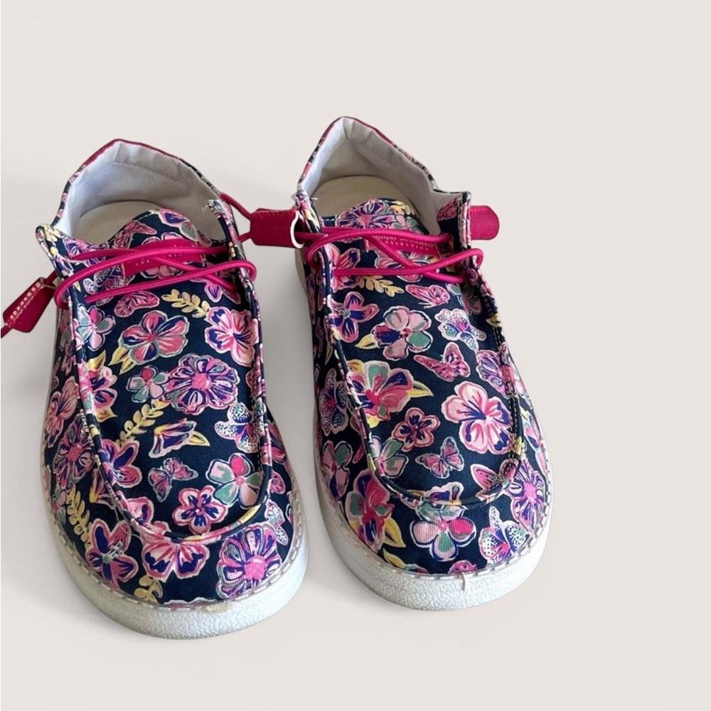 Simply Southern Navy Floral Slip-On Shoes with Pink Trim - Picture 14 of 16